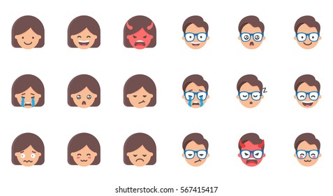 Conjunto de emojis, stickers. Personajes masculinos y femeninos