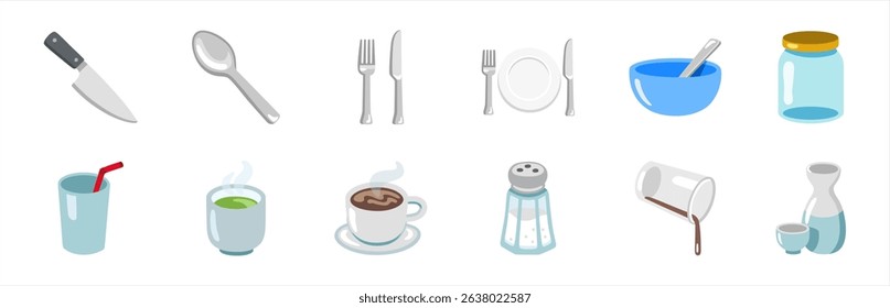 Set of Emoji Tableware Related Vector Icons. Emoji tableware icon.