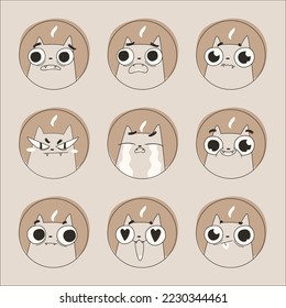 Set emoji of various cute cartoon cats flat isolated signs. Kitten emotion. Vector illustration