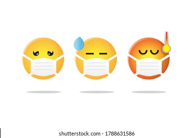 set of emoji wear a mask during pandemic covid-19 had a flu cough not well 