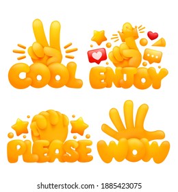 Set Of Emoji Yellow Hands In Various Gestures With Titles Cool, Enjoy, Please, Wow. 3d Cartoon Style. Vector Illustration