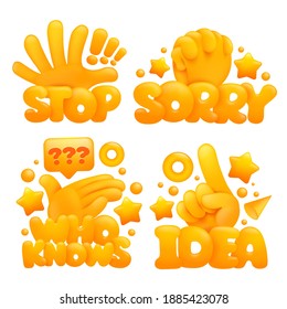 Set of emoji yellow hands in various gestures with titles Stop, sorry, who knows, idea. 3d cartoon style. Vector illustration