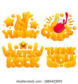 Set Of Emoji Yellow Hands In Various Gestures With Titles Yummy, Cheers, Lets Rock, Thank You. 3d Cartoon Style. Vector Illustration