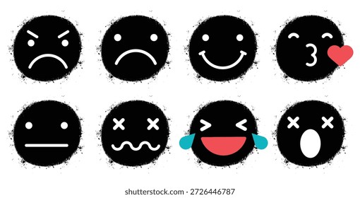Conjunto de emojis en el círculo negro del grunge