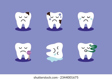Conjunto de emojis y emoticonos. Dientes divertidos con expresiones faciales. 