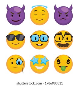 
Set Of Emojis Wearing Accessories: Mischievous And Frowning Devil Disguise, Angel Halo, Cool Face With Sunglasses, Nerdy Face, Groucho Glasses, Wearing A Monocle, Star Eyes And Money Expression.