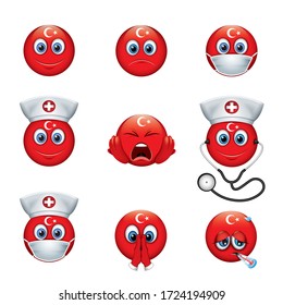 Set of emojis wearing mask, nurse hat and stethoscope isolated on white background with Turkey flag motive - vector illustration