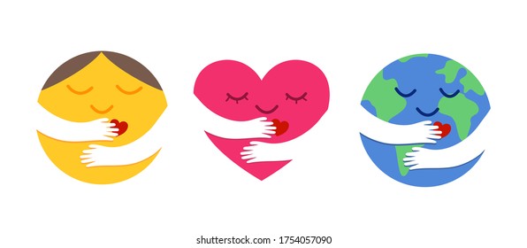 Set of emoticon Care emoji, heart emoji, earth emoji hugging yourself. Self care and happiness concept. vector illustration.