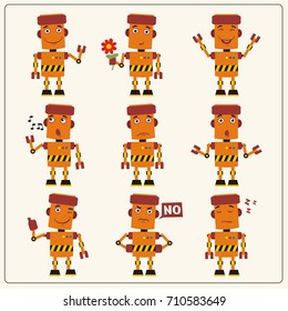 Set emoticon cheerful robot with different emotions in cartoon style. 