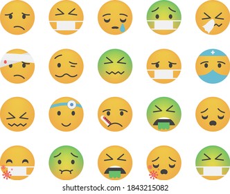 Set of emoticon with coronavirus or covid, pandemic or virus infection concept. Emoji vector. Smile icon collection. Reactions icon web.
