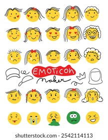 set of emoticon emoji smiley maker group girl boy custom man woman cute hijab hat hair