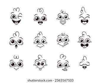 Set Of Emoticon Faces. Black And White Facial Expressions Represented Through Symbols Or Characters, Vector Illustration