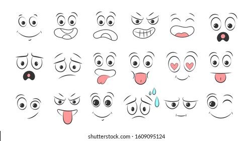 Set Of Emoticon Hand Drawn Pattern.Collection Memes.Doodle Face, Smile, Happy, Sad,shock, Bored, Sick, Vomit,scream, Joy, Cry.Different Eyes, Mouth, Eyebrows.Manga Cartoon Style. Vector Illustration.