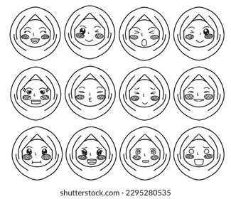 Set of emoticon hijab kids isolated on white background. hand drawn emoticon sticker