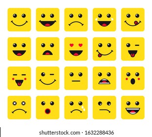 Set of emoticon icons. Bright yellow square shape smiley faces with round corners. Isolated abstract graphic design template. Internet messenger or computer chat. 3D logotype. World Smile Day