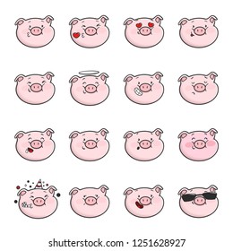 Set of emoticon icons. Emoji pigs. Vector isolated illustration.