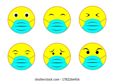 Set emoticon with medical face mask, vector icon emoticon