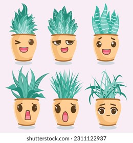 Set of Emoticon Pot with Flower, flowers in pots with emoticon vector illustration objects decoration elements house collection with sunflowers, tulips, jasmine and purple flowers. 