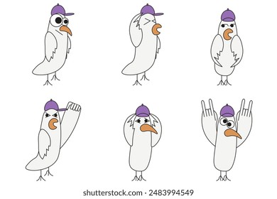 Set of emoticon seagull isolated white background. Collection Hippie flat bird in cap. Weird Trippy dove. Minimalism simple vector for cloth decor, t-shirt print and postcard cover. Editable stroke 