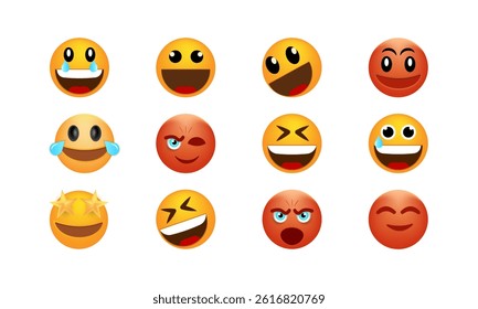 Set of emoticon smile icons. Emotional reactions to animated emojis. This vibrant set of expressive emojis brings a burst of personality and emotion to any digital content.