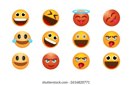 Set of emoticon smile icons. Emotional reactions to animated emojis. This vibrant set of expressive emojis brings a burst of personality and emotion to any digital content.