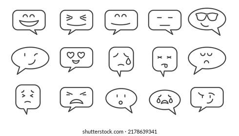 Set von Emoticon Lächeln Umrisssymbole. Reden Blase Emoji Sammlung. Vektor-Emotion auf weißem Hintergrund