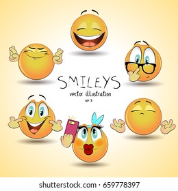 Set of emoticon smileys. Emotion symbol/icons. Funny yellow vector isolated icons. Illustration