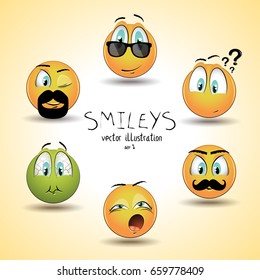 Set of emoticon smileys. Emotion symbol/icons. Funny yellow vector isolated icons. Illustration