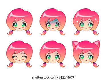 Set of emoticon stickers cute little girl vector