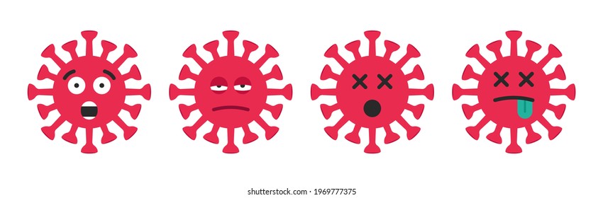 Set of emoticon viruses, covid 19 or coronavirus. Scared, frightened, afraid, startled viruses and dead covid 19. Funny flat style icons. Vector illustration