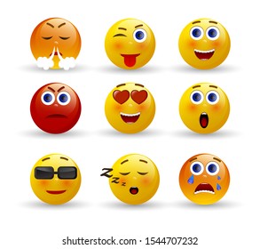 Set of Emoticons. 3d realistic emoji. Face with emotions. Vector illustration on white background