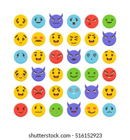 Set of emoticons. Avatars. Funny cartoon faces. Kawaii. Cute emoji icons. Flat design. Vector illustration