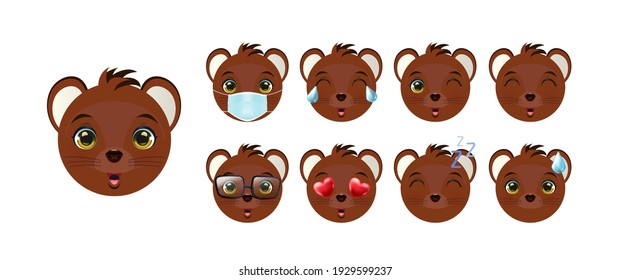 A set of emoticons or emoticons for the bear face. Teddy Bear animal face emojis with love, crying, laughing and cute facial expressions of characters isolated on a white background.