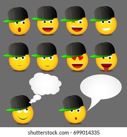 Set of emoticons in the cap, in different emotions and speech bubble.