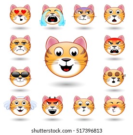 A set of emoticons. Cat. Isolated vector illustration on white background. Colored icons.