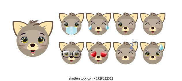 A set of emoticons or emoticons for the cat's face. Cat animal face emojis with love, crying, laughing and cute facial expressions of characters isolated on a white background.