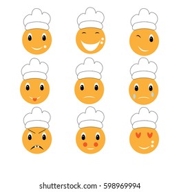 Set of emoticons with Chef Hat, icon pack, emoji isolated on white background. vector illustration.