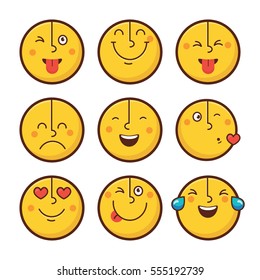 Set of emoticons. Collection with different expressions. Flat design. Avatars. Cute emoji icons. Vector illustration