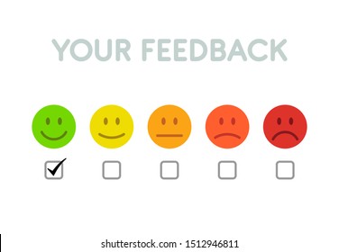Set of emoticons colored scale feedback and check. Sad and Happy mood - isolated vector illustration