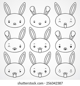 Set of emoticons, coloring with cute bunny, vector.