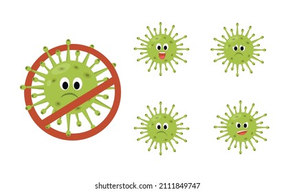 Set of emoticons with coronovirus COVID-19: angry, sad, joyful, red prohibition sign. Isolated vector illustration.
