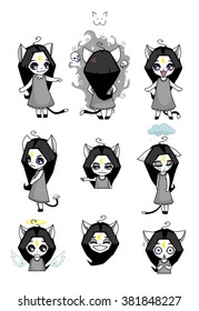 Set of Emoticons. Cute black cat. Stickers with emotions.