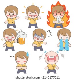 Set of emoticons cute boy emoji stickers cartoon design isolated on white background. flat Vector illustration