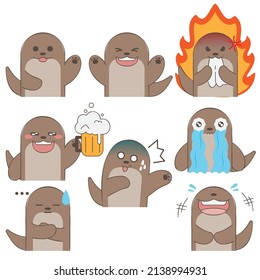 Set of emoticons cute Otter emoji stickers cartoon design isolated on white background. flat Vector illustration 