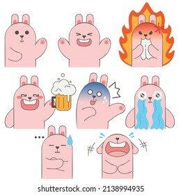 Set of emoticons cute rabbit emoji stickers cartoon design isolated on white background. flat Vector illustration 