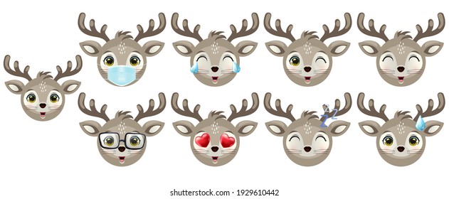 A set of emoticons or emoticons for a deer face. Deer animal face emojis with love, crying, laughing and cute facial expressions of characters isolated on a white background.