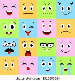 Set of emoticons different emotions. Vector. Icons emoji square of funny faces. Colorfull illustration. Flat style. As sticker, print, pattern