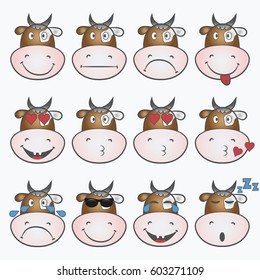 Set of emoticons. Emoji with cow face. Smiley icon. Vector illustration.