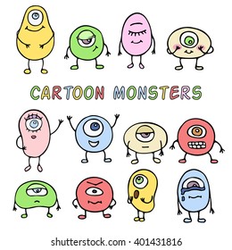 Set of Emoticons. Set of Emoji. Set of different emotions. 
Vector illustration. Cute cartoon monsters . Doodle illustration. Hand-drawn monsters