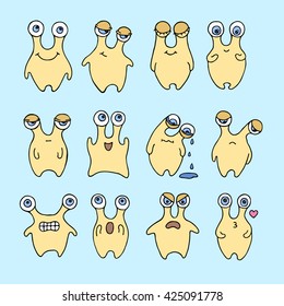 Set of Emoticons. Set of Emoji. Set of different emotions. Vector illustration. Cute cartoon monsters . Doodle illustration. Hand-drawn monsters